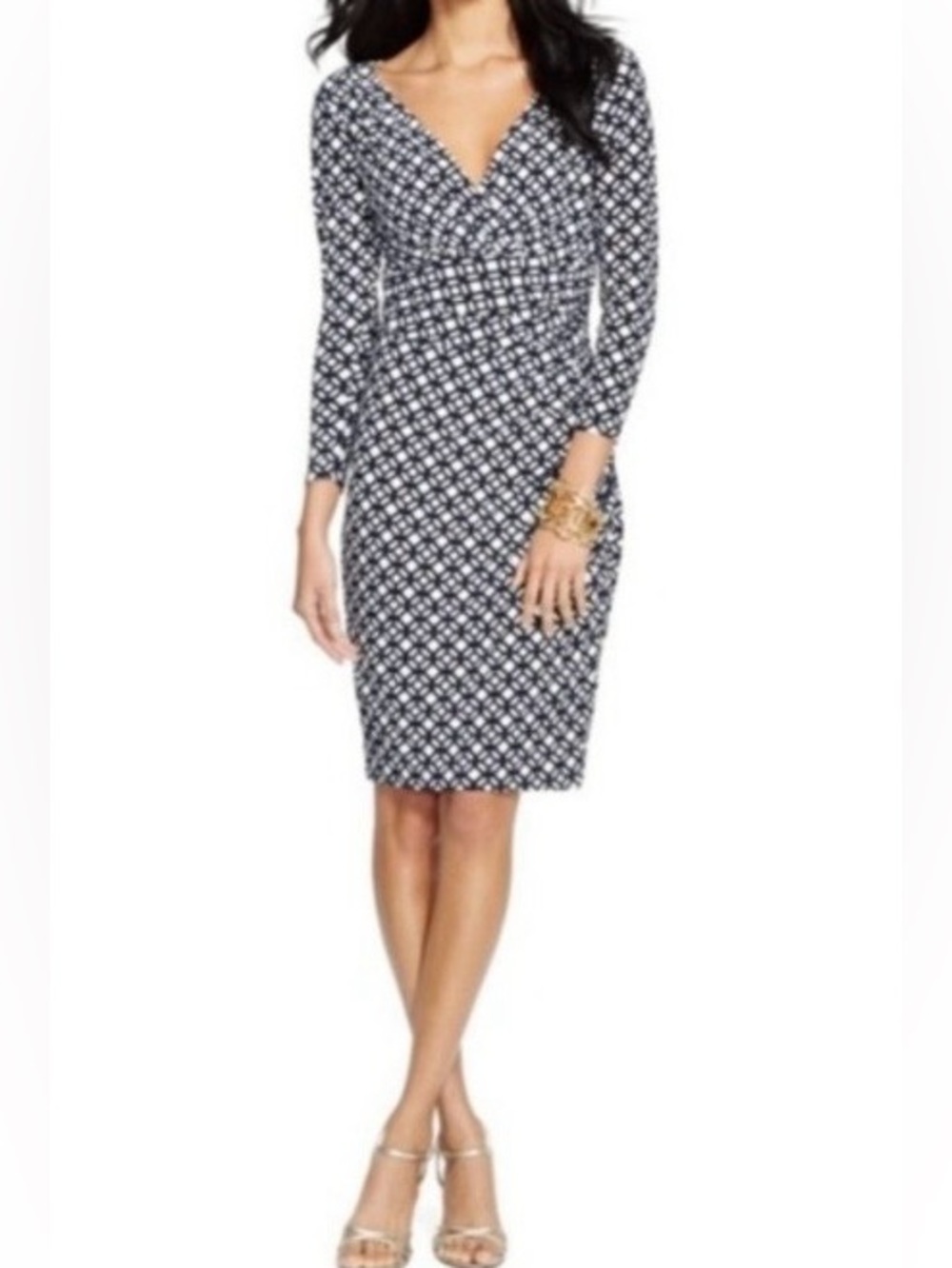 Lauren Ralph Lauren Geometric Mock Wrap Dress in Black/White Women’s 14